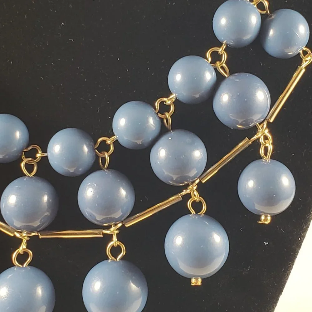 Blue Beaded Necklace & Earrings Set with Gold Links – Statement Evening Jewelry